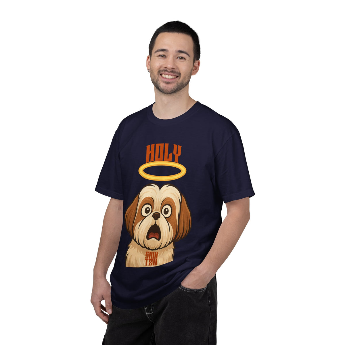 FPD - Holy Shih Tzu Funny Dog Halo Shocked Expression Unisex Heavyweight Cotton T-Shirt, Sarcastic Pet Humor Graphic Tee