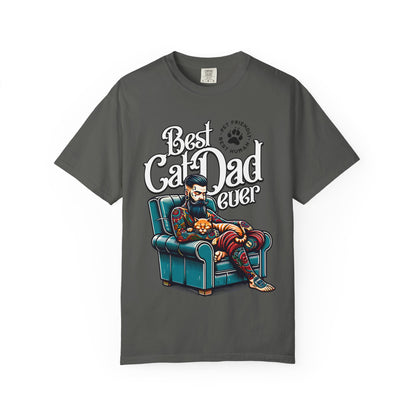 FPD - Best Cat Dad Ever T-Shirt | Tattooed Cat Dad In Armchair Graphic Tee | Funny Pet Lover Gift Shirt