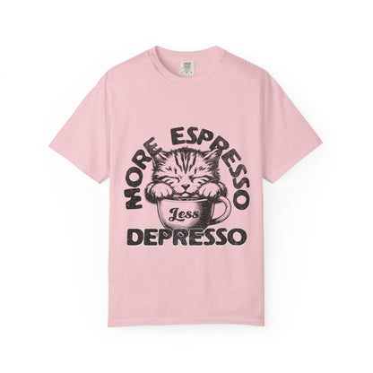 FPD - More Espresso Less Depresso T-Shirt | Minimalist Coffee Humor Graphic Tee | Funny Caffeine Addict Gift Shirt