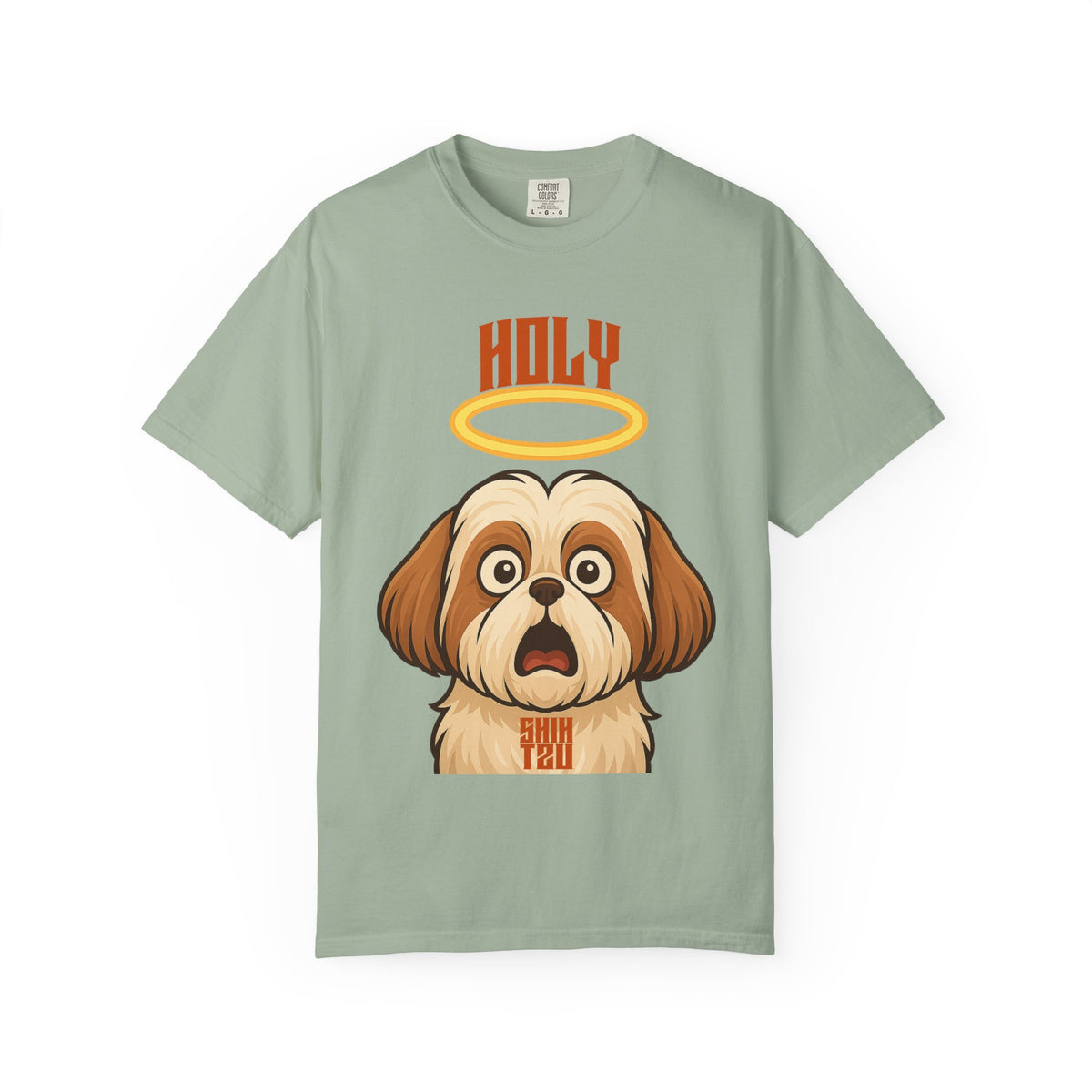 FPD - Holy Shih Tzu Funny Dog Halo Shocked Expression Unisex Heavyweight Cotton T-Shirt, Sarcastic Pet Humor Graphic Tee