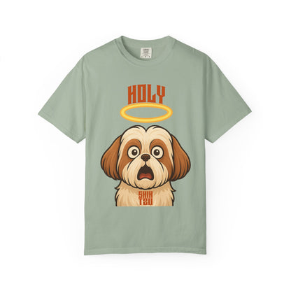 FPD - Holy Shih Tzu Funny Dog Halo Shocked Expression Unisex Heavyweight Cotton T-Shirt, Sarcastic Pet Humor Graphic Tee