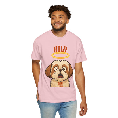 FPD - Holy Shih Tzu Funny Dog Halo Shocked Expression Unisex Heavyweight Cotton T-Shirt, Sarcastic Pet Humor Graphic Tee