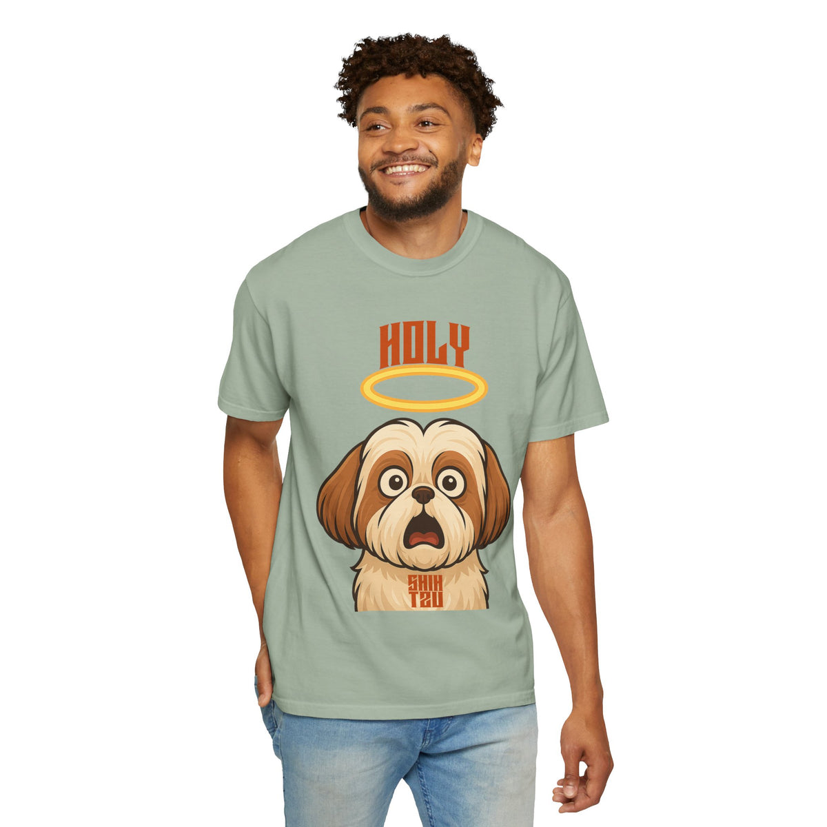 FPD - Holy Shih Tzu Funny Dog Halo Shocked Expression Unisex Heavyweight Cotton T-Shirt, Sarcastic Pet Humor Graphic Tee