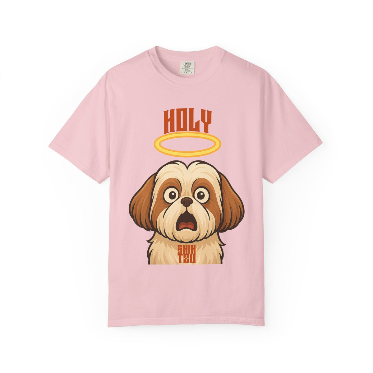 FPD - Holy Shih Tzu Funny Dog Halo Shocked Expression Unisex Heavyweight Cotton T-Shirt, Sarcastic Pet Humor Graphic Tee