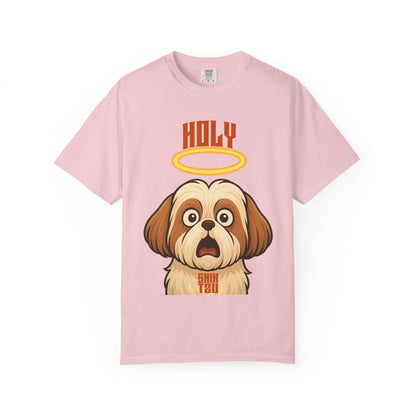 FPD - Holy Shih Tzu Funny Dog Halo Shocked Expression Unisex Heavyweight Cotton T-Shirt, Sarcastic Pet Humor Graphic Tee
