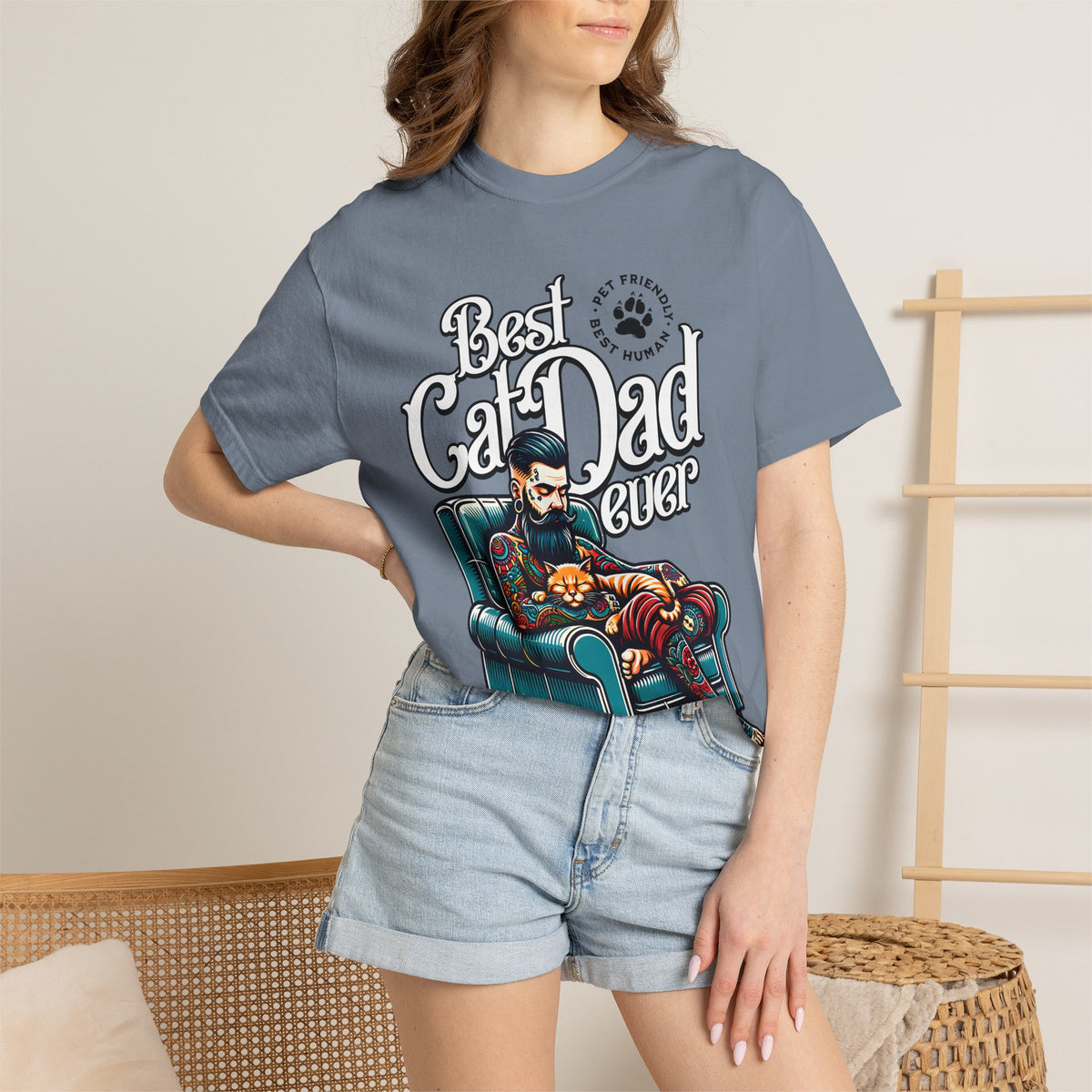 FPD - Best Cat Dad Ever T-Shirt | Tattooed Cat Dad In Armchair Graphic Tee | Funny Pet Lover Gift Shirt
