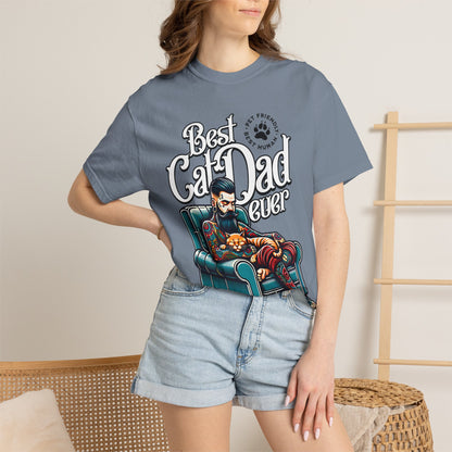 FPD - Best Cat Dad Ever T-Shirt | Tattooed Cat Dad In Armchair Graphic Tee | Funny Pet Lover Gift Shirt