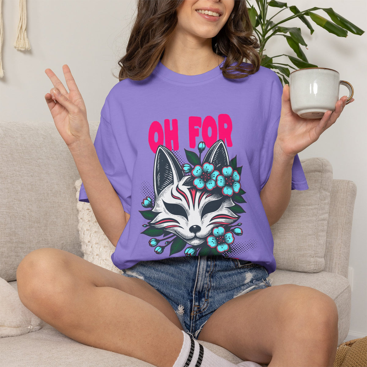 FPD - Oh For Sake Japanese Kitsune Fox Floral Streetwear Unisex Heavyweight Cotton T-Shirt, Sarcastic Anime Mask Graphic Tee