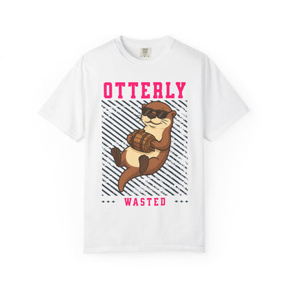 FPD - Otterly Wasted Funny Drinking Otter Sunglasses Barrel Streetwear Unisex Heavyweight Cotton T-Shirt, Sarcastic Party Animal Graphic Tee