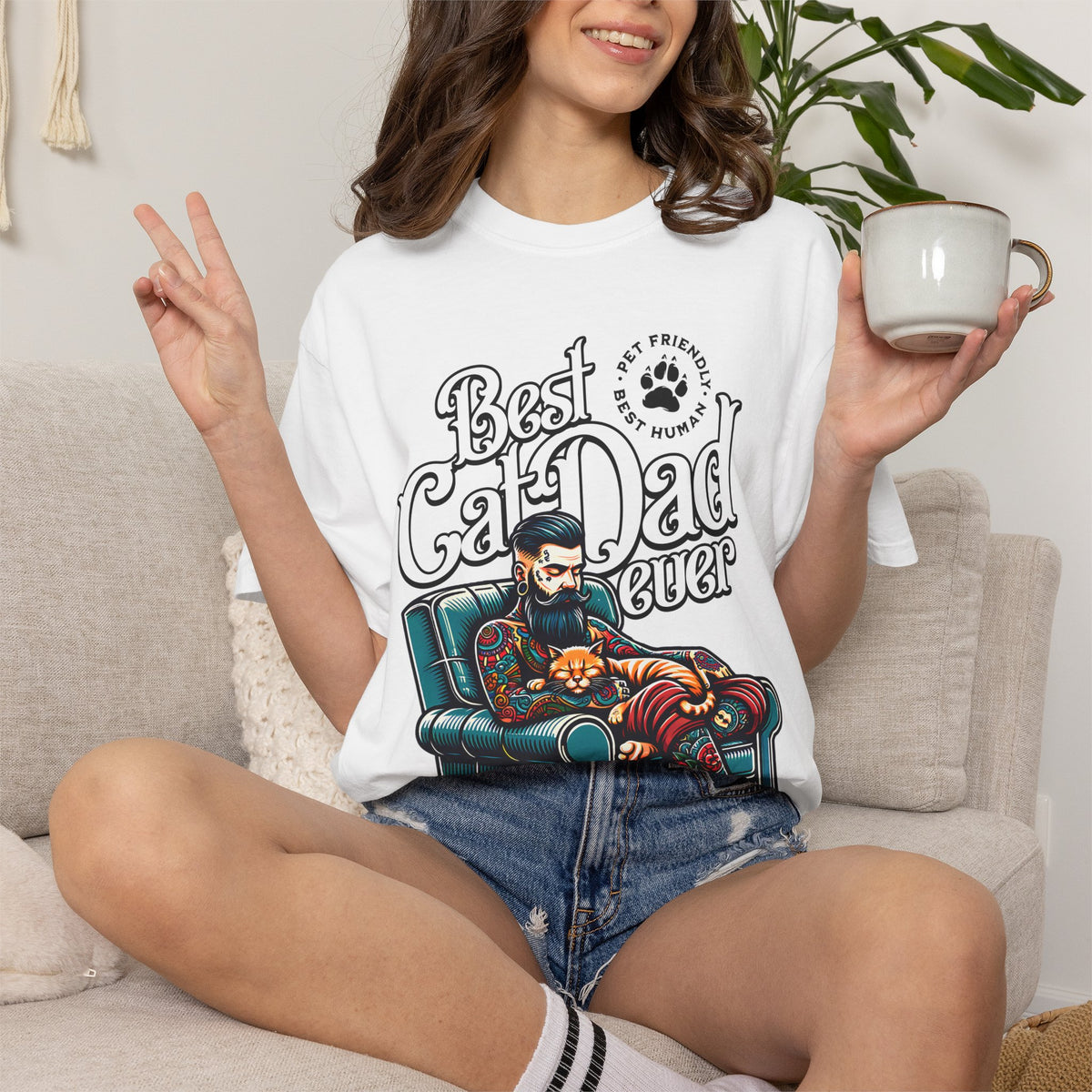 FPD - Best Cat Dad Ever T-Shirt | Tattooed Cat Dad In Armchair Graphic Tee | Funny Pet Lover Gift Shirt
