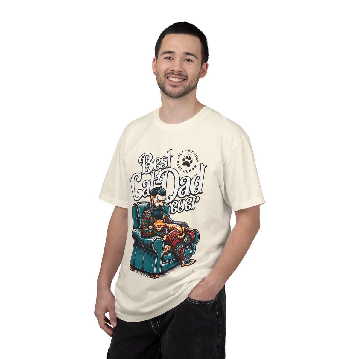 FPD - Best Cat Dad Ever T-Shirt | Tattooed Cat Dad In Armchair Graphic Tee | Funny Pet Lover Gift Shirt