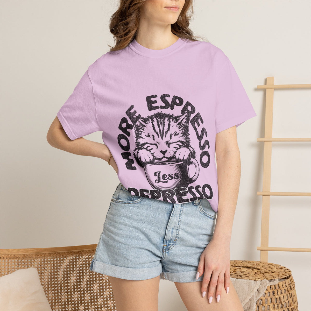 FPD - More Espresso Less Depresso T-Shirt | Minimalist Coffee Humor Graphic Tee | Funny Caffeine Addict Gift Shirt