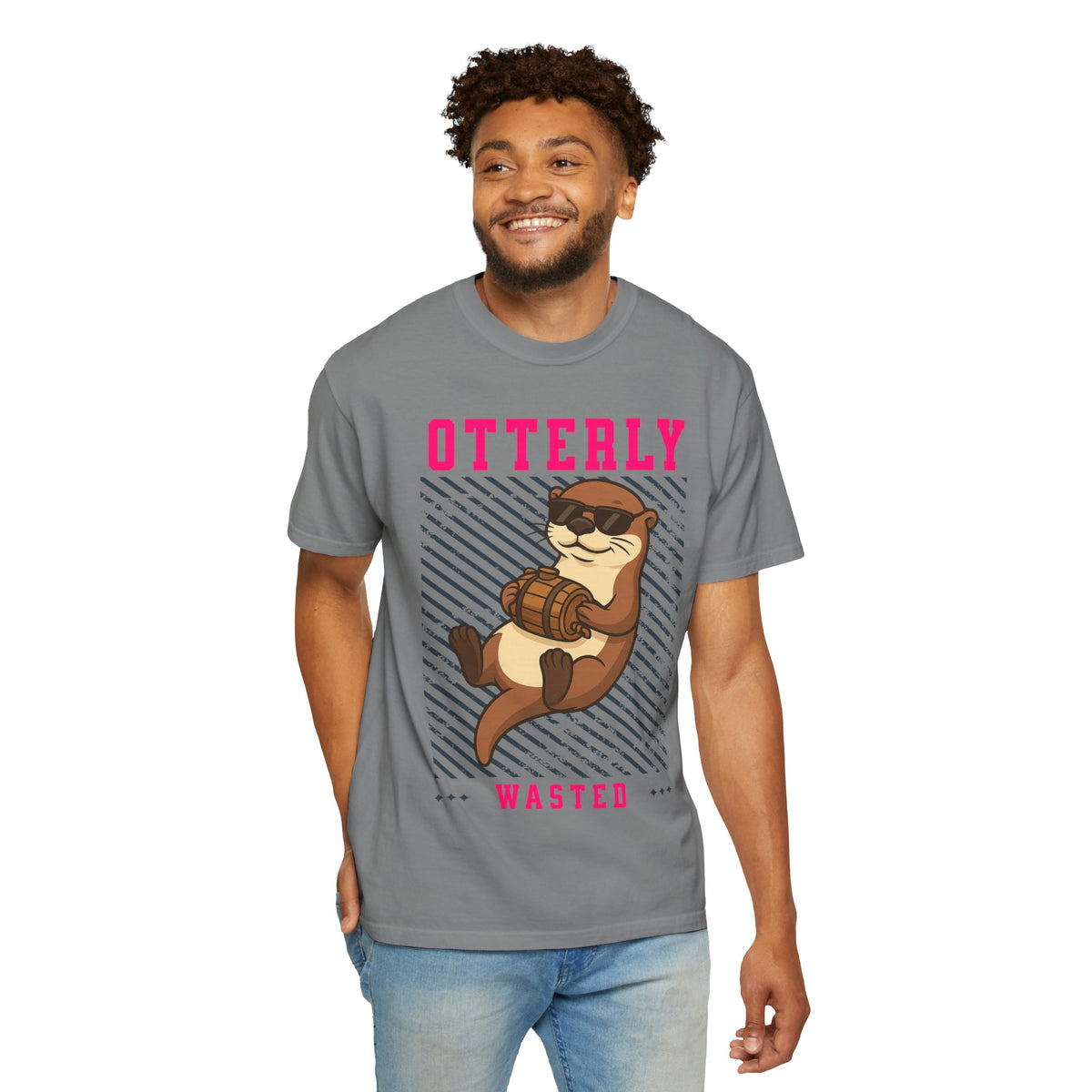 FPD - Otterly Wasted Funny Drinking Otter Sunglasses Barrel Streetwear Unisex Heavyweight Cotton T-Shirt, Sarcastic Party Animal Graphic Tee