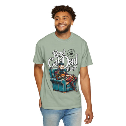 FPD - Best Cat Dad Ever T-Shirt | Tattooed Cat Dad In Armchair Graphic Tee | Funny Pet Lover Gift Shirt