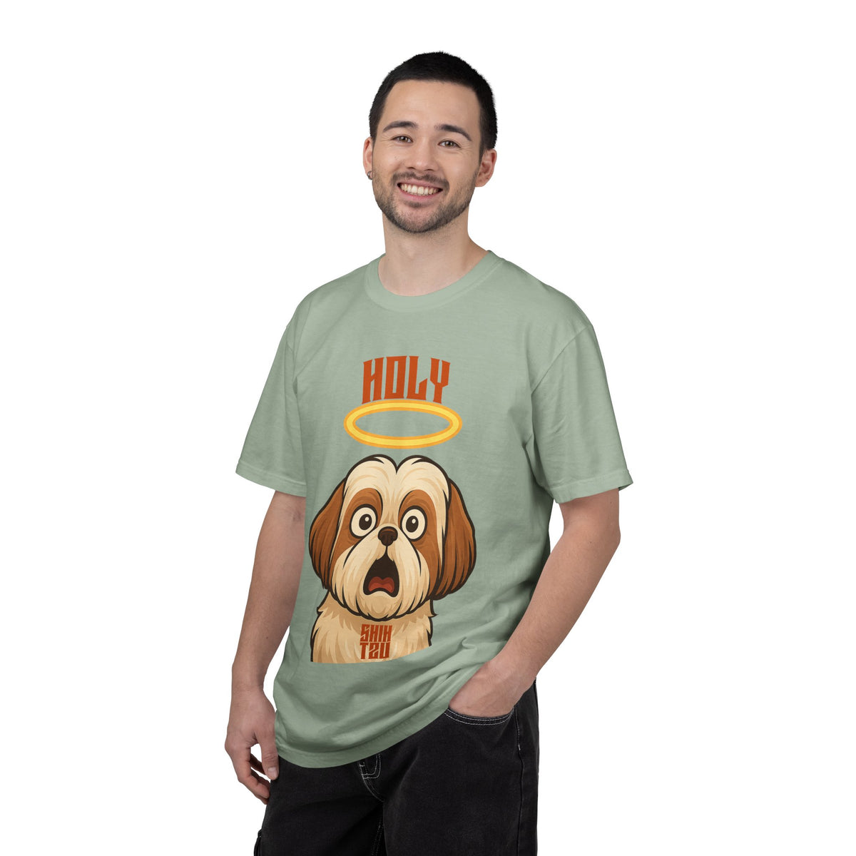 FPD - Holy Shih Tzu Funny Dog Halo Shocked Expression Unisex Heavyweight Cotton T-Shirt, Sarcastic Pet Humor Graphic Tee