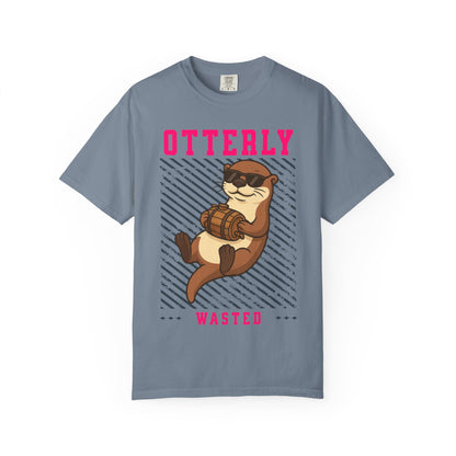 FPD - Otterly Wasted Funny Drinking Otter Sunglasses Barrel Streetwear Unisex Heavyweight Cotton T-Shirt, Sarcastic Party Animal Graphic Tee