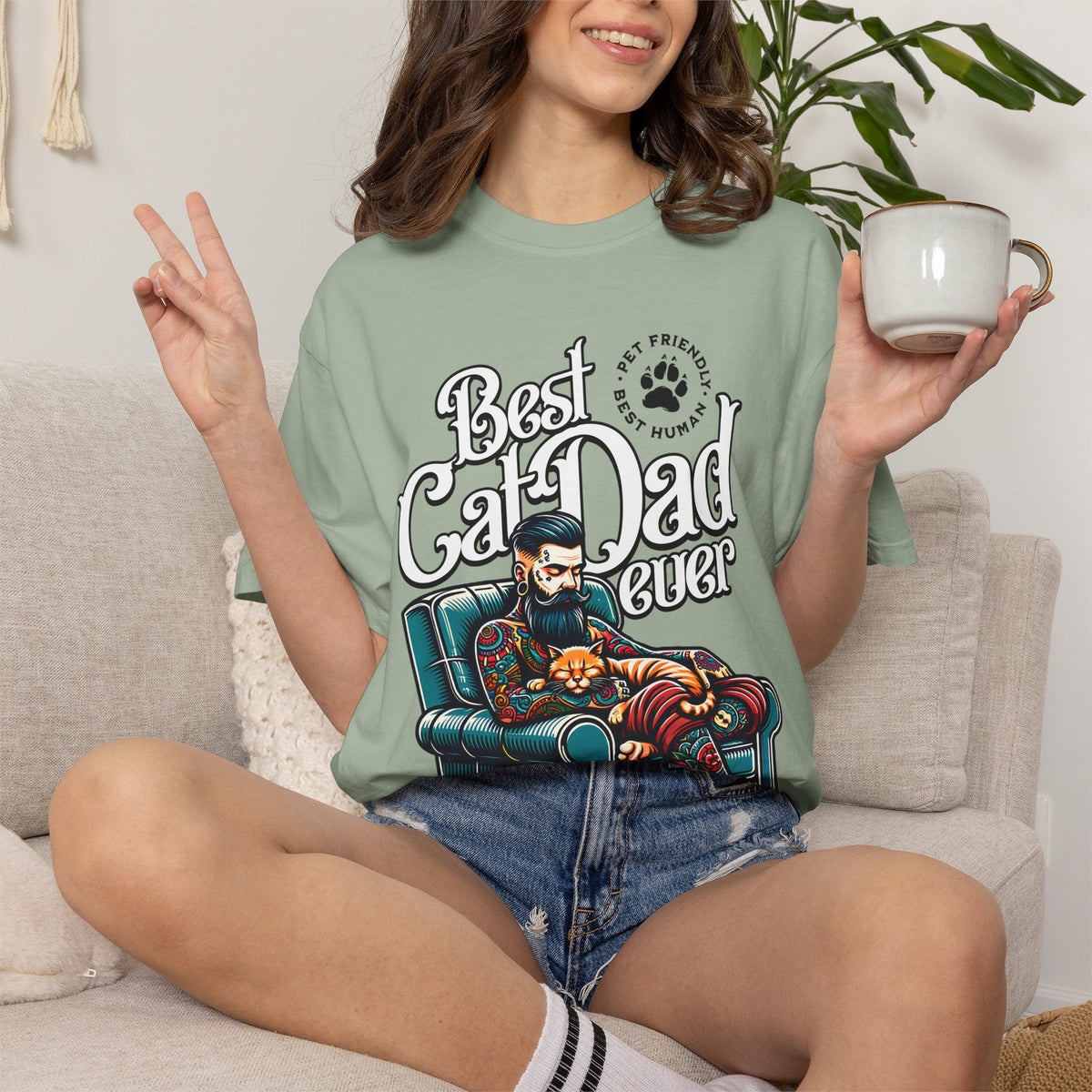 FPD - Best Cat Dad Ever T-Shirt | Tattooed Cat Dad In Armchair Graphic Tee | Funny Pet Lover Gift Shirt