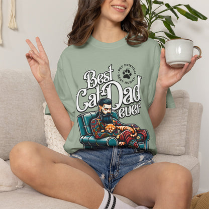 FPD - Best Cat Dad Ever T-Shirt | Tattooed Cat Dad In Armchair Graphic Tee | Funny Pet Lover Gift Shirt