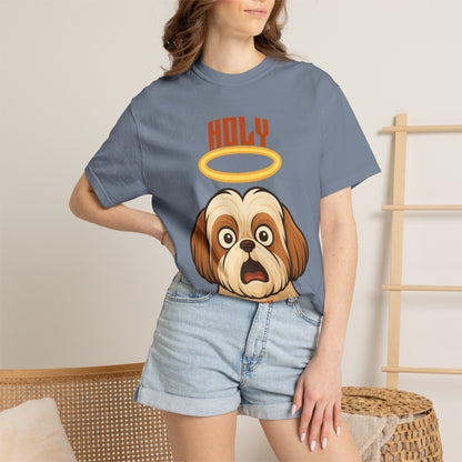 FPD - Holy Shih Tzu Funny Dog Halo Shocked Expression Unisex Heavyweight Cotton T-Shirt, Sarcastic Pet Humor Graphic Tee