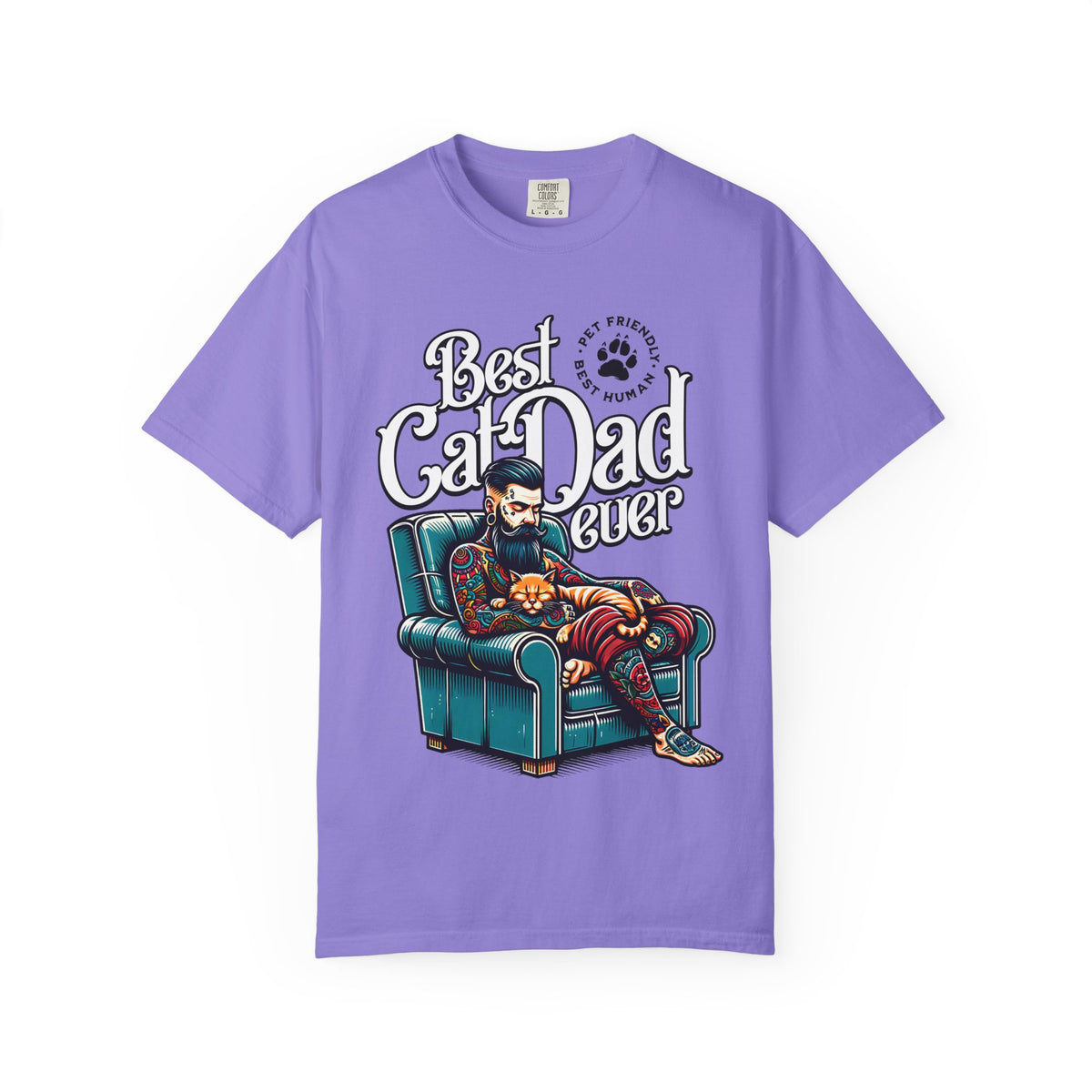 FPD - Best Cat Dad Ever T-Shirt | Tattooed Cat Dad In Armchair Graphic Tee | Funny Pet Lover Gift Shirt