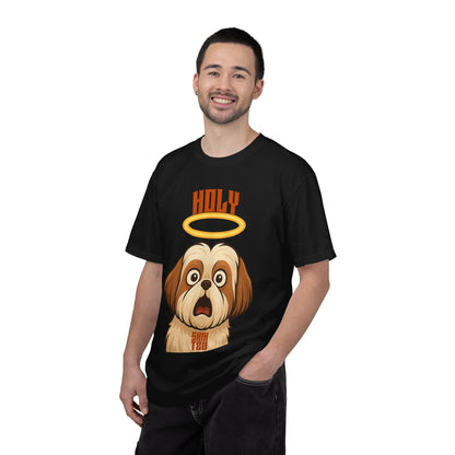 FPD - Holy Shih Tzu Funny Dog Halo Shocked Expression Unisex Heavyweight Cotton T-Shirt, Sarcastic Pet Humor Graphic Tee