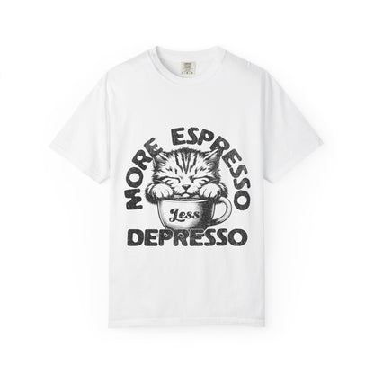 FPD - More Espresso Less Depresso T-Shirt | Minimalist Coffee Humor Graphic Tee | Funny Caffeine Addict Gift Shirt
