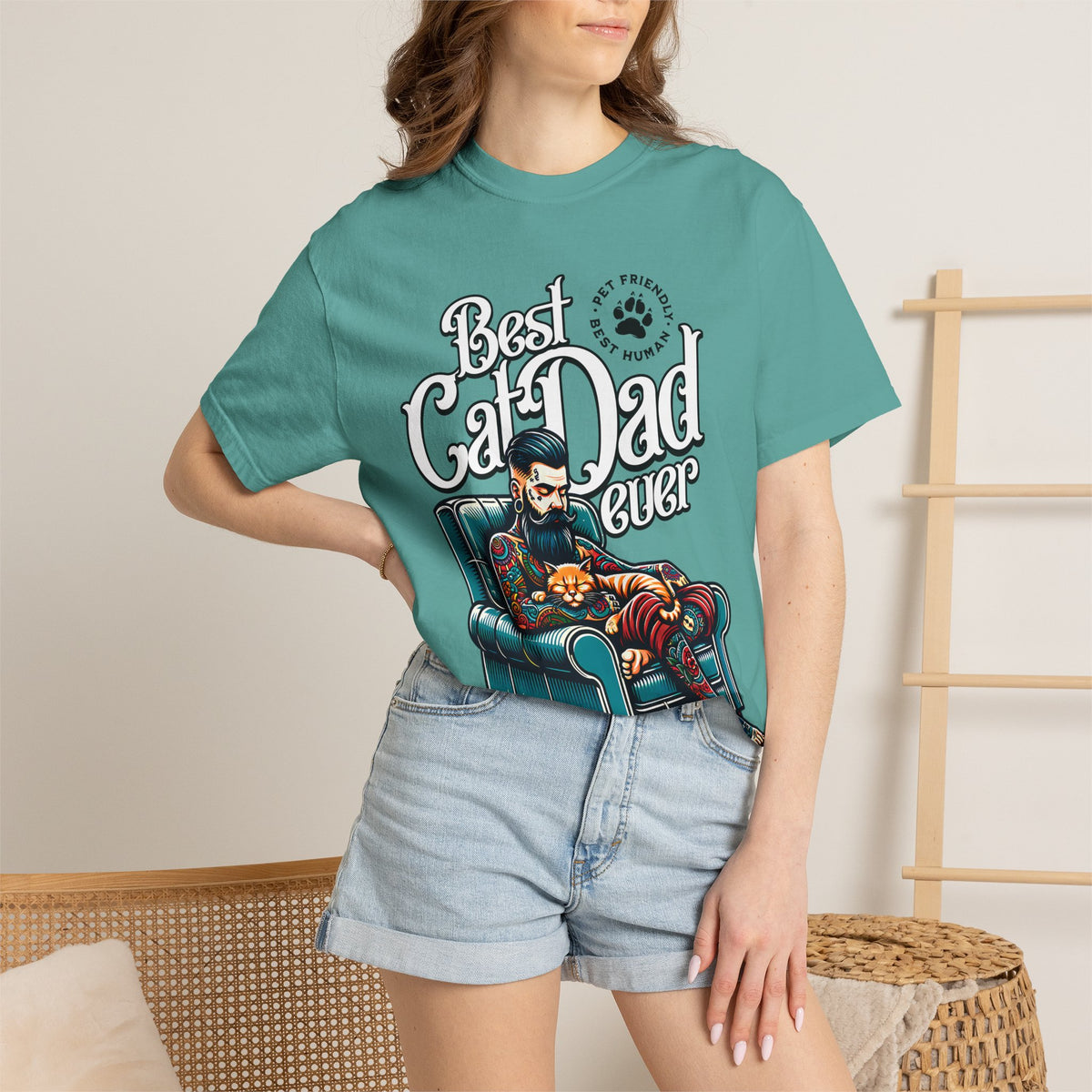 FPD - Best Cat Dad Ever T-Shirt | Tattooed Cat Dad In Armchair Graphic Tee | Funny Pet Lover Gift Shirt