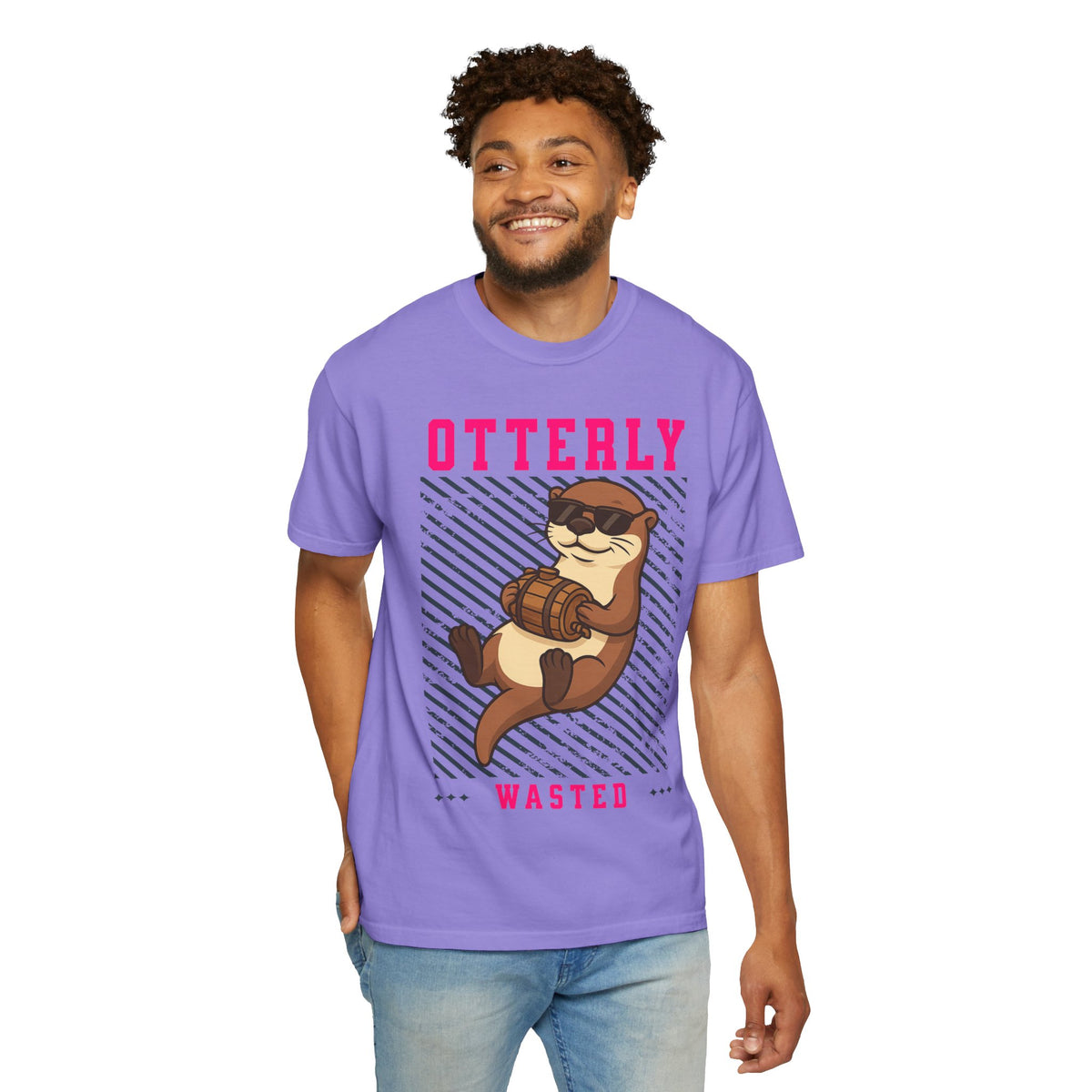 FPD - Otterly Wasted Funny Drinking Otter Sunglasses Barrel Streetwear Unisex Heavyweight Cotton T-Shirt, Sarcastic Party Animal Graphic Tee