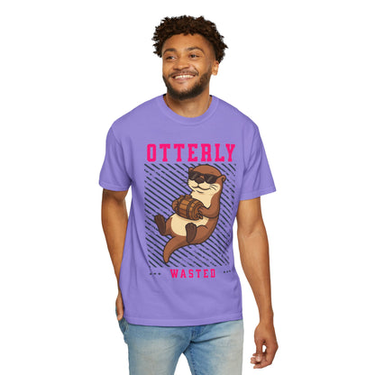 FPD - Otterly Wasted Funny Drinking Otter Sunglasses Barrel Streetwear Unisex Heavyweight Cotton T-Shirt, Sarcastic Party Animal Graphic Tee