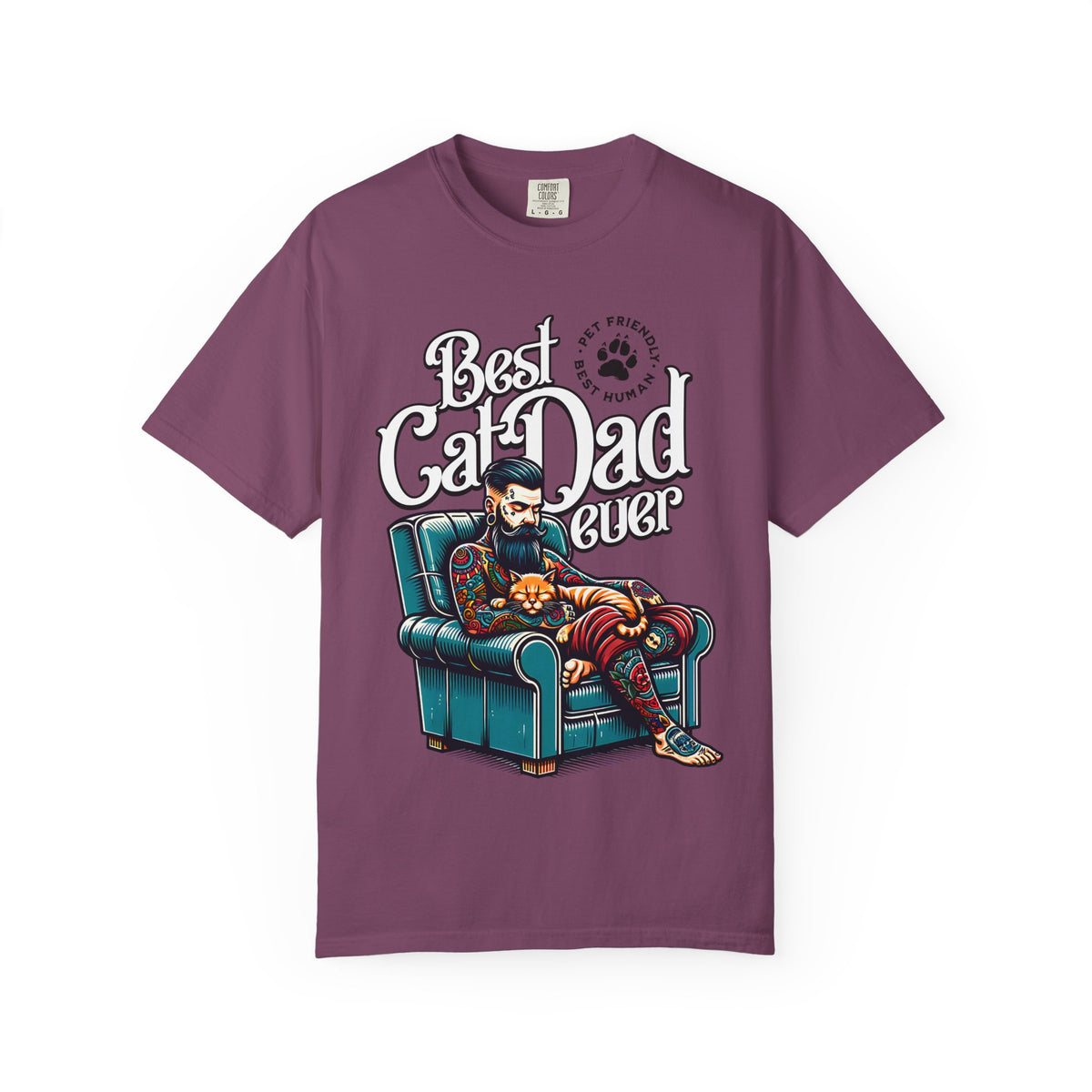 FPD - Best Cat Dad Ever T-Shirt | Tattooed Cat Dad In Armchair Graphic Tee | Funny Pet Lover Gift Shirt
