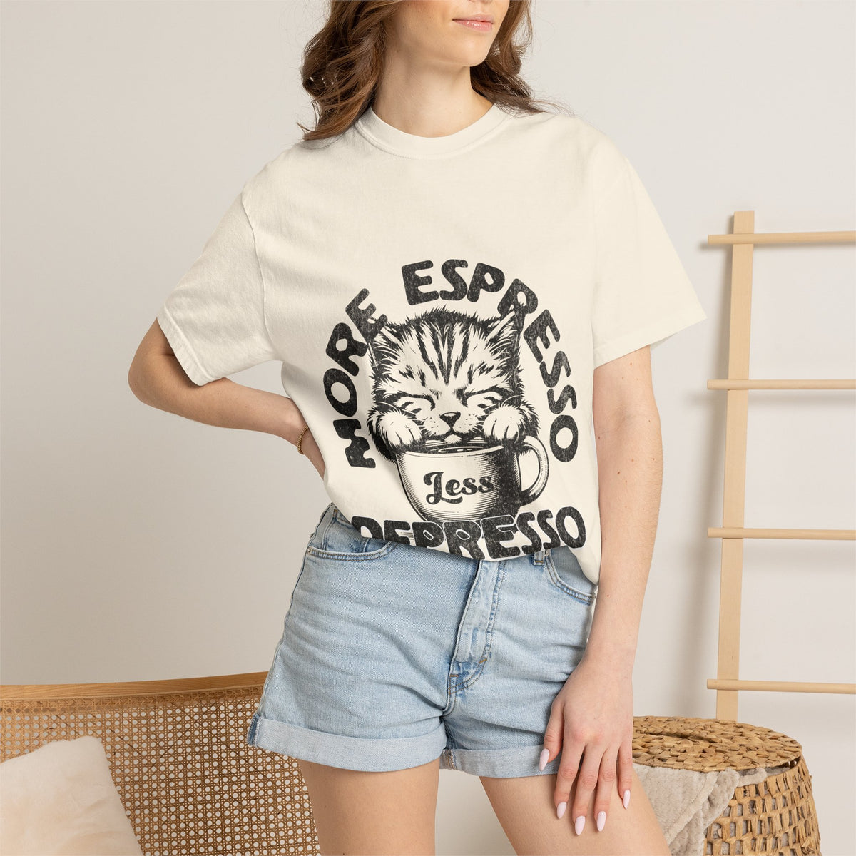 FPD - More Espresso Less Depresso T-Shirt | Minimalist Coffee Humor Graphic Tee | Funny Caffeine Addict Gift Shirt