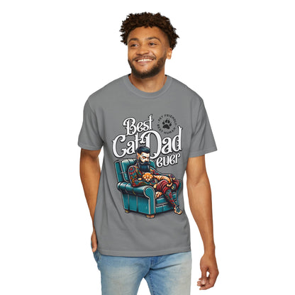 FPD - Best Cat Dad Ever T-Shirt | Tattooed Cat Dad In Armchair Graphic Tee | Funny Pet Lover Gift Shirt