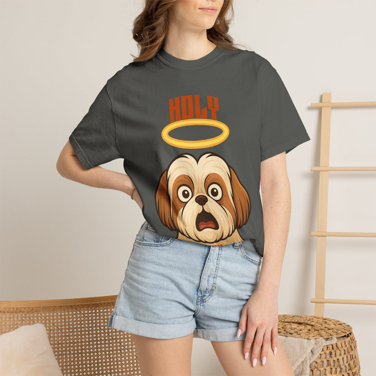 FPD - Holy Shih Tzu Funny Dog Halo Shocked Expression Unisex Heavyweight Cotton T-Shirt, Sarcastic Pet Humor Graphic Tee