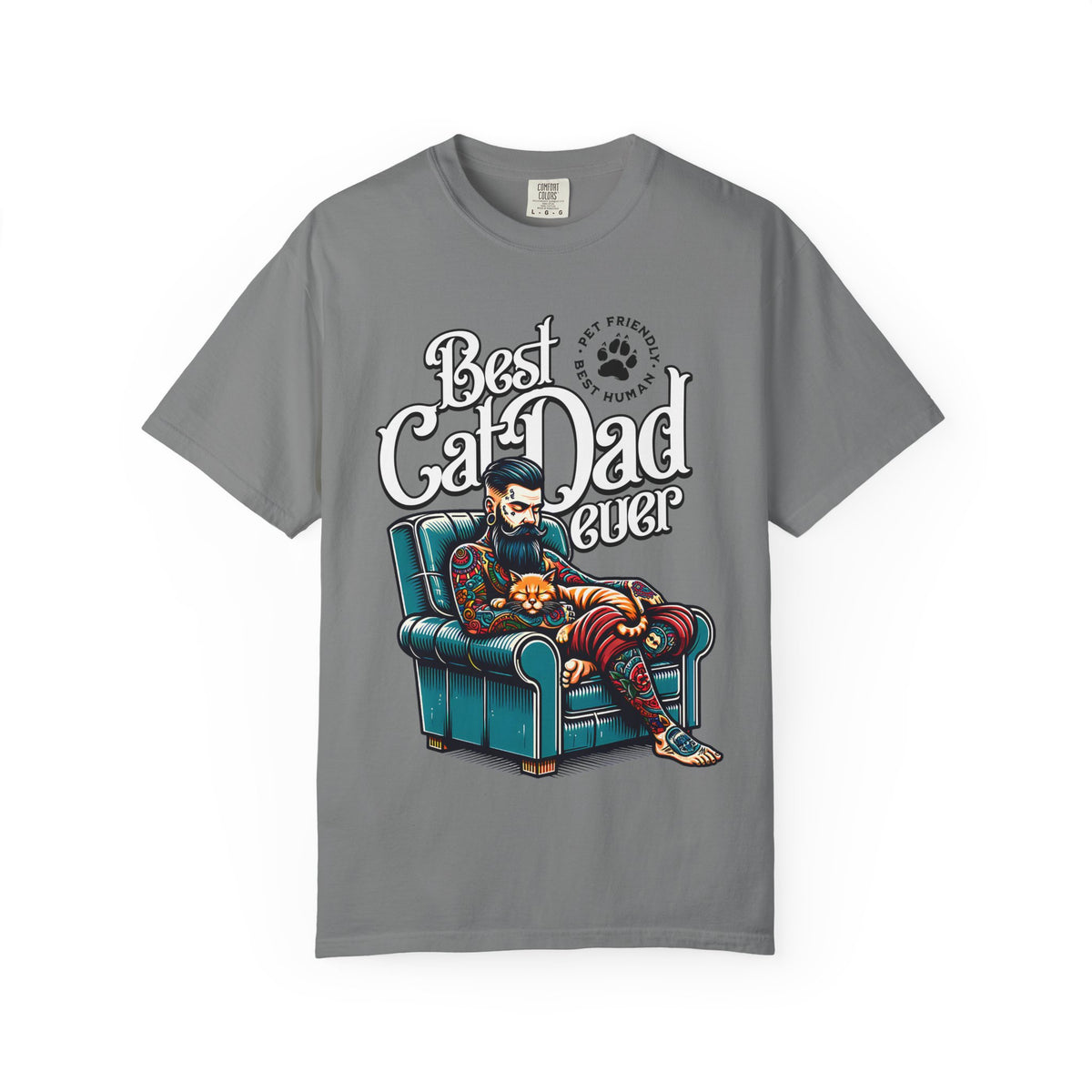FPD - Best Cat Dad Ever T-Shirt | Tattooed Cat Dad In Armchair Graphic Tee | Funny Pet Lover Gift Shirt