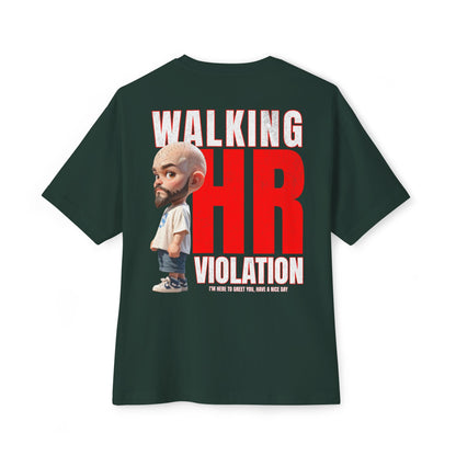Green t-shirt with a graphic and text on the back, featuring a cartoon character and humorous text.