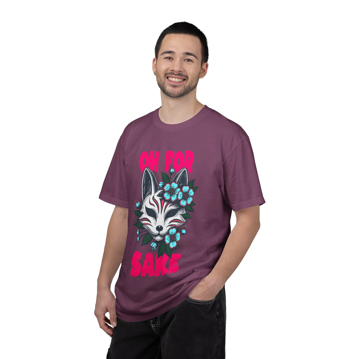 FPD - Oh For Sake Japanese Kitsune Fox Floral Streetwear Unisex Heavyweight Cotton T-Shirt, Sarcastic Anime Mask Graphic Tee