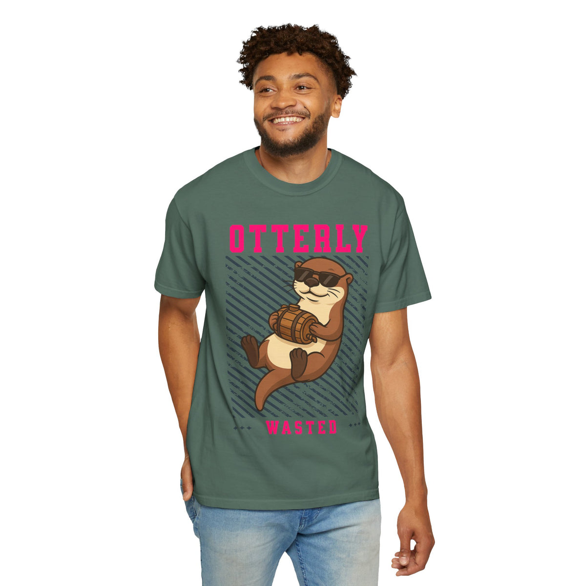 FPD - Otterly Wasted Funny Drinking Otter Sunglasses Barrel Streetwear Unisex Heavyweight Cotton T-Shirt, Sarcastic Party Animal Graphic Tee