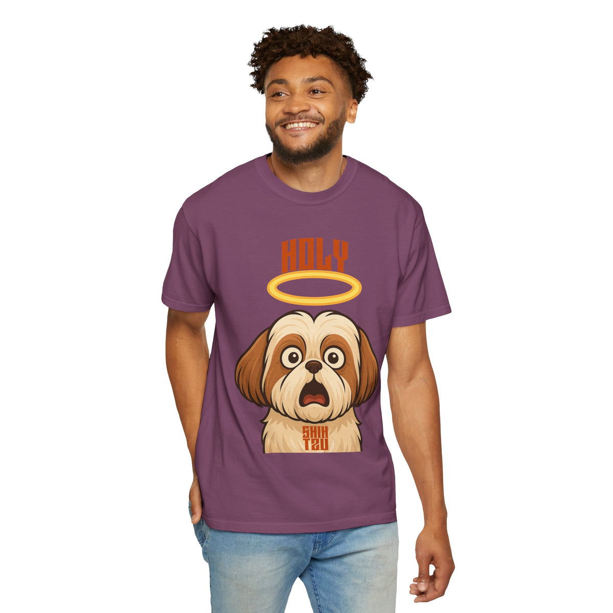FPD - Holy Shih Tzu Funny Dog Halo Shocked Expression Unisex Heavyweight Cotton T-Shirt, Sarcastic Pet Humor Graphic Tee