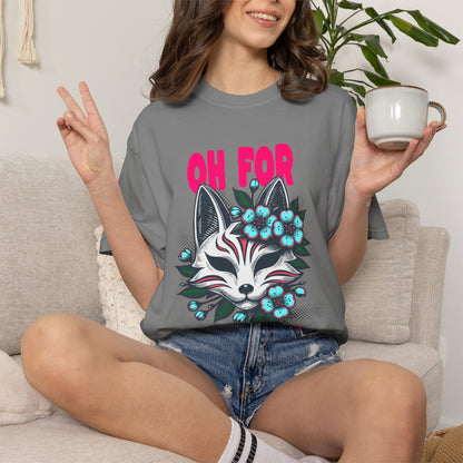 FPD - Oh For Sake Japanese Kitsune Fox Floral Streetwear Unisex Heavyweight Cotton T-Shirt, Sarcastic Anime Mask Graphic Tee