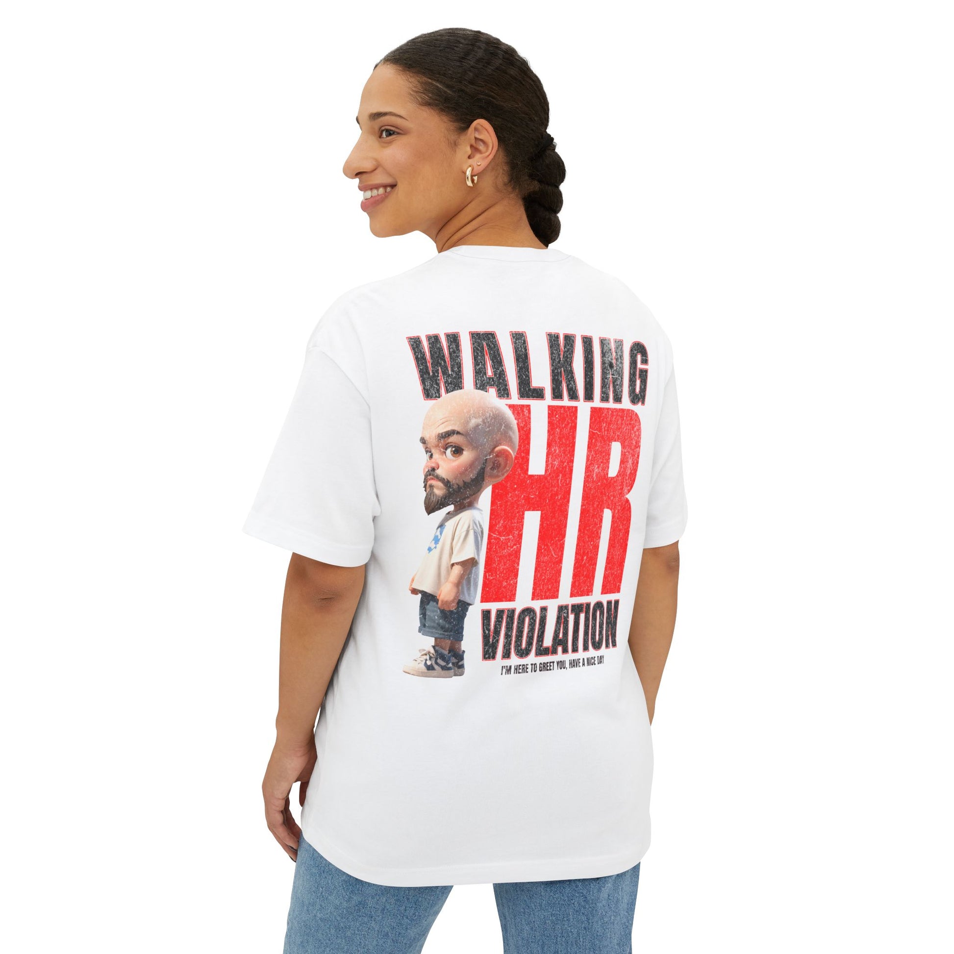 Person wearing a white t-shirt with a graphic and text on the back, on a white background