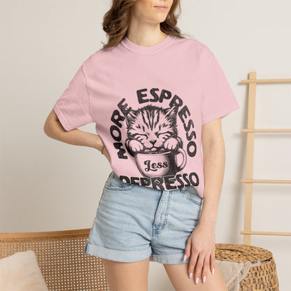 FPD - More Espresso Less Depresso T-Shirt | Minimalist Coffee Humor Graphic Tee | Funny Caffeine Addict Gift Shirt