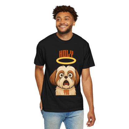 FPD - Holy Shih Tzu Funny Dog Halo Shocked Expression Unisex Heavyweight Cotton T-Shirt, Sarcastic Pet Humor Graphic Tee
