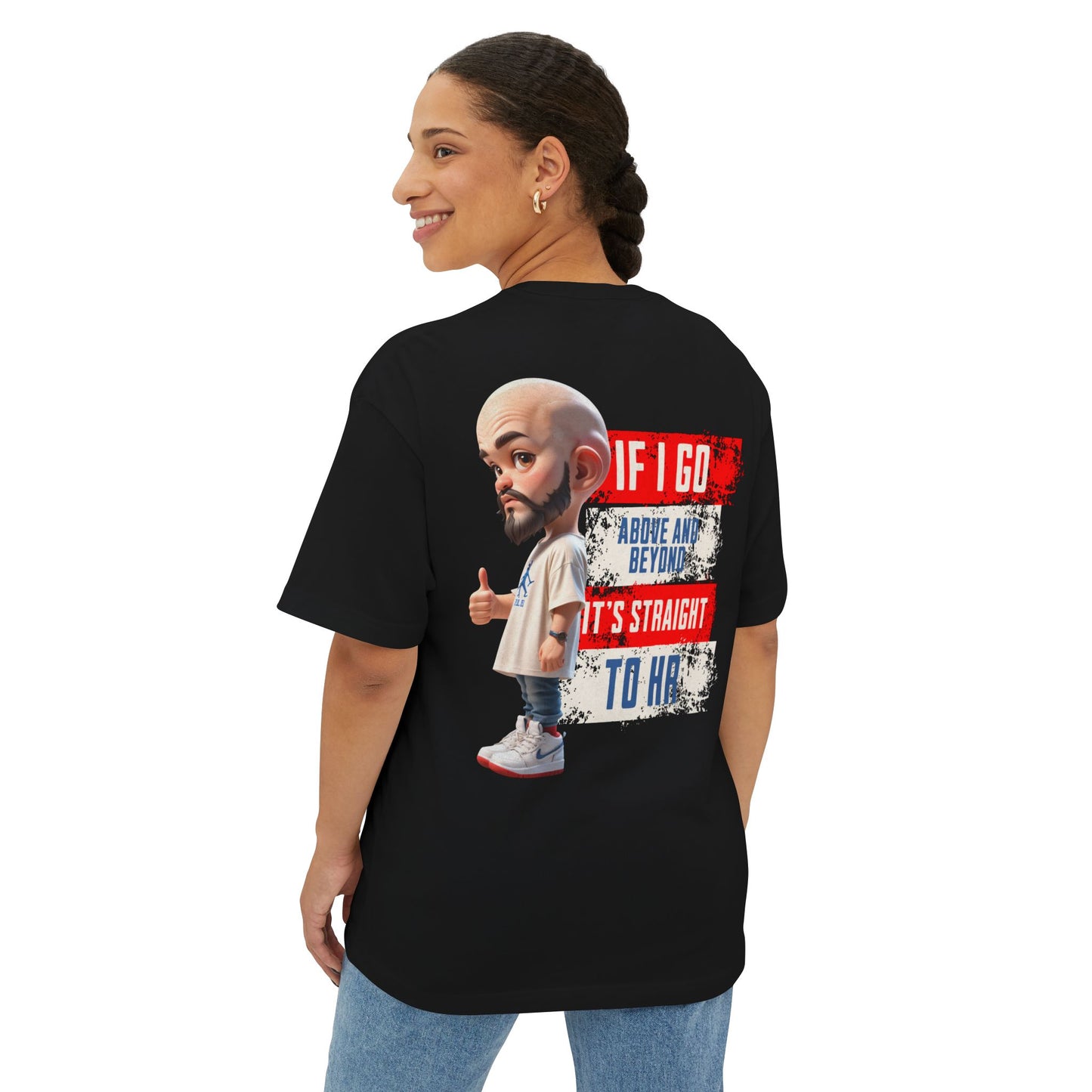 Person wearing a black t-shirt with a graphic design on the back