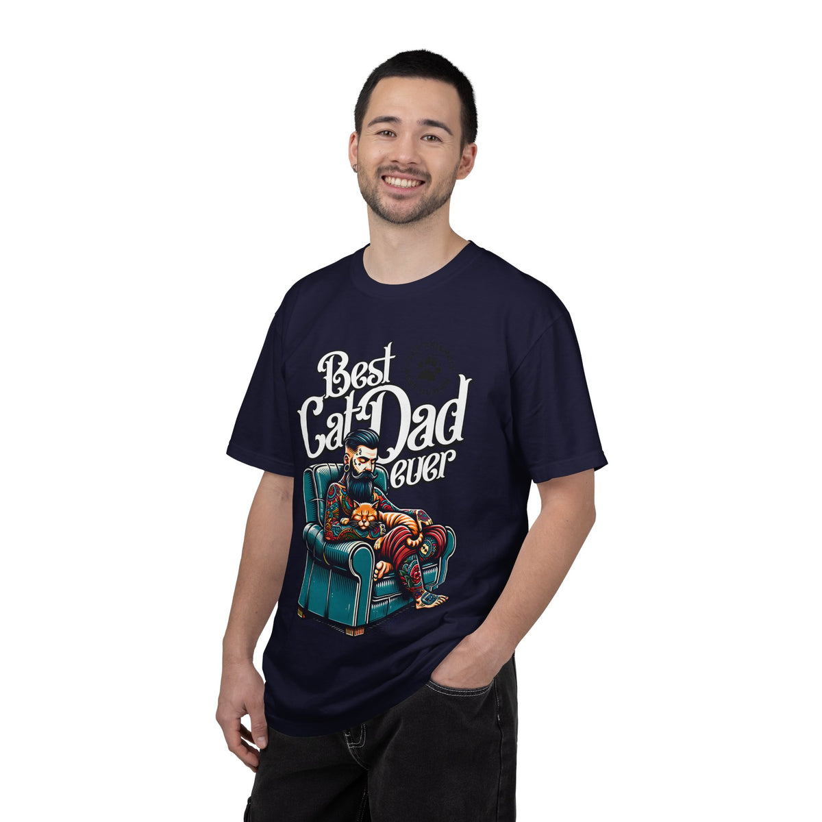 FPD - Best Cat Dad Ever T-Shirt | Tattooed Cat Dad In Armchair Graphic Tee | Funny Pet Lover Gift Shirt