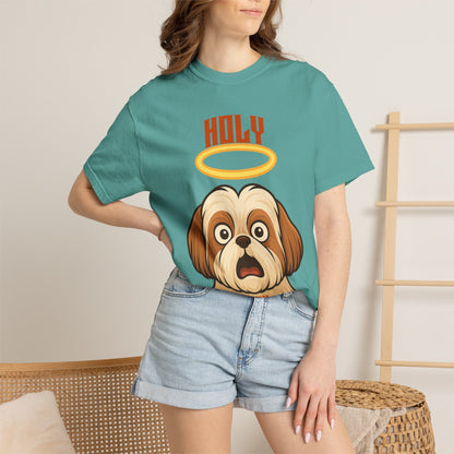 FPD - Holy Shih Tzu Funny Dog Halo Shocked Expression Unisex Heavyweight Cotton T-Shirt, Sarcastic Pet Humor Graphic Tee