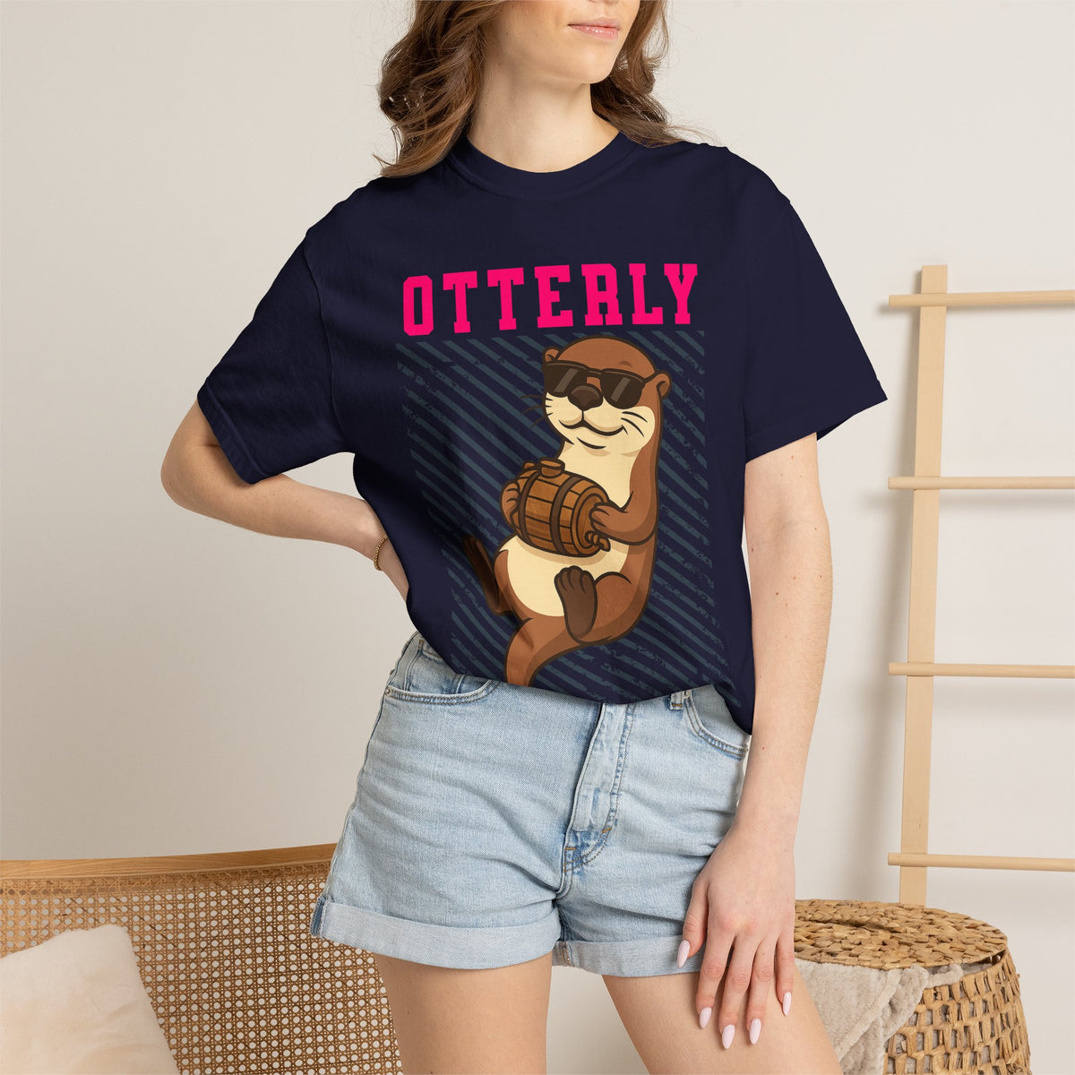 FPD - Otterly Wasted Funny Drinking Otter Sunglasses Barrel Streetwear Unisex Heavyweight Cotton T-Shirt, Sarcastic Party Animal Graphic Tee