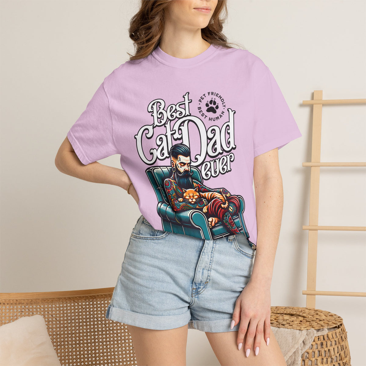 FPD - Best Cat Dad Ever T-Shirt | Tattooed Cat Dad In Armchair Graphic Tee | Funny Pet Lover Gift Shirt