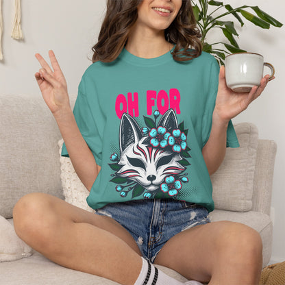 FPD - Oh For Sake Japanese Kitsune Fox Floral Streetwear Unisex Heavyweight Cotton T-Shirt, Sarcastic Anime Mask Graphic Tee
