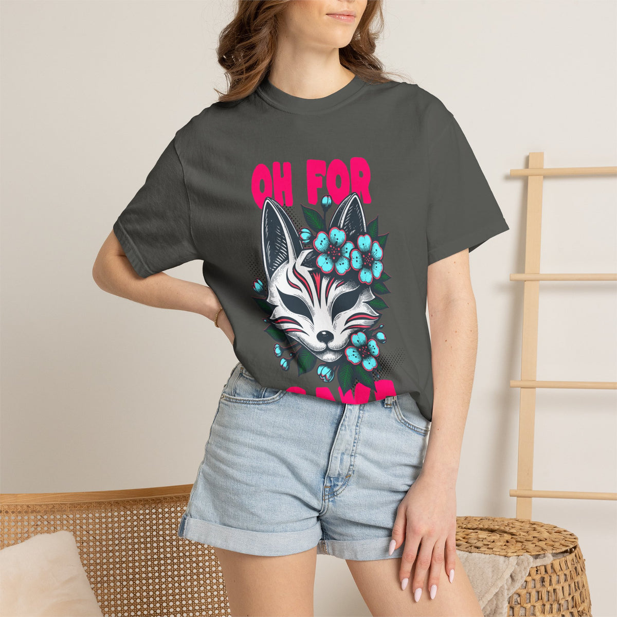 FPD - Oh For Sake Japanese Kitsune Fox Floral Streetwear Unisex Heavyweight Cotton T-Shirt, Sarcastic Anime Mask Graphic Tee