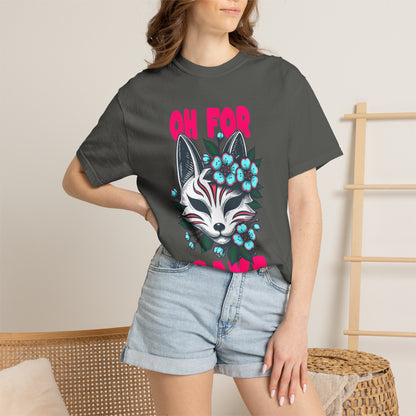 FPD - Oh For Sake Japanese Kitsune Fox Floral Streetwear Unisex Heavyweight Cotton T-Shirt, Sarcastic Anime Mask Graphic Tee